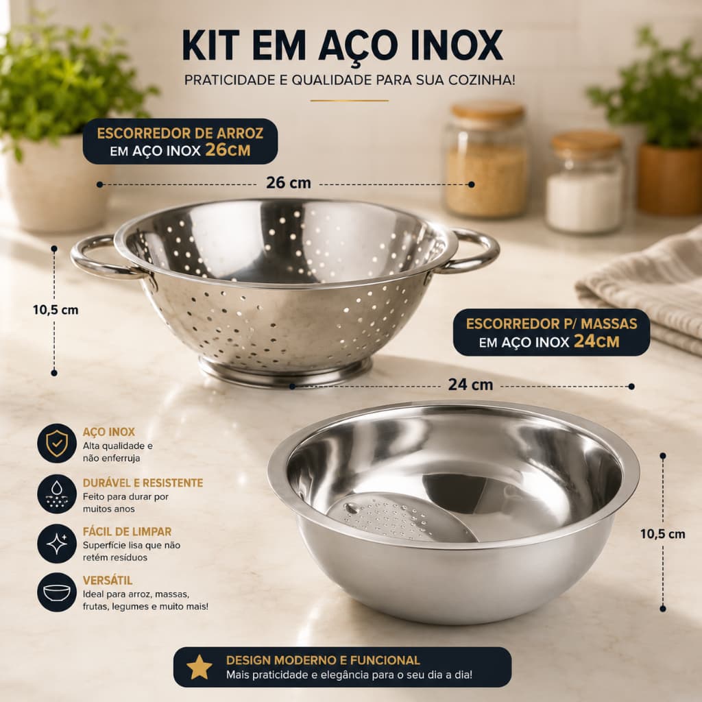 Kit Escorredor de Arroz 26cm + Escorredor de Massas 24cm Aço Inox Multiuso Cozinha Premium