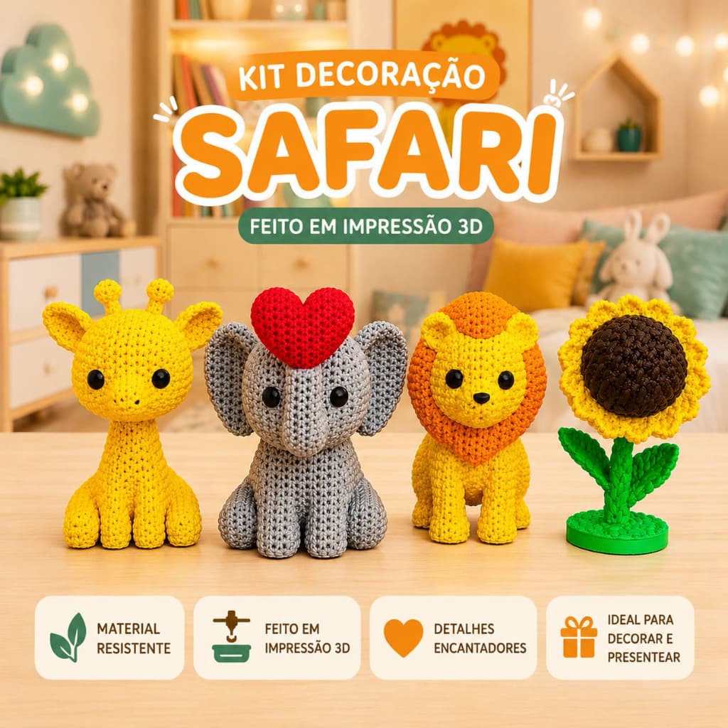 Kit Decoração Safari Infantil 4 Peças | Leão Elefante Girafa Girassol | Impressão 3D | Quarto de Bebê | Presente