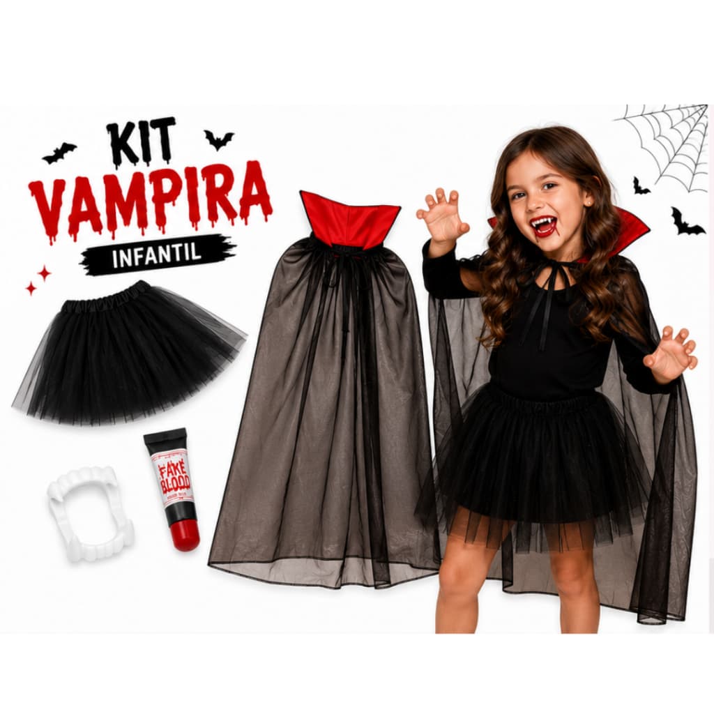 Fantasia De Vampira 04 Peças Infantil Menina Halloween Carnaval Festa 80cm