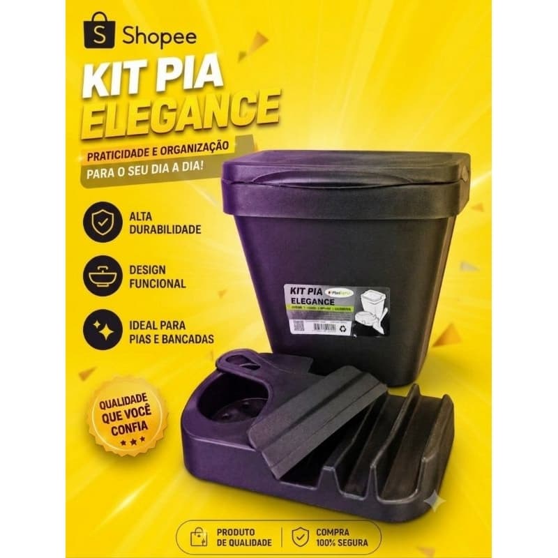 ​Kit Pia Elegance Preto Lixeira 4,8 L Porta Detergente E Bucha Plasmart Organizador De Cozinha