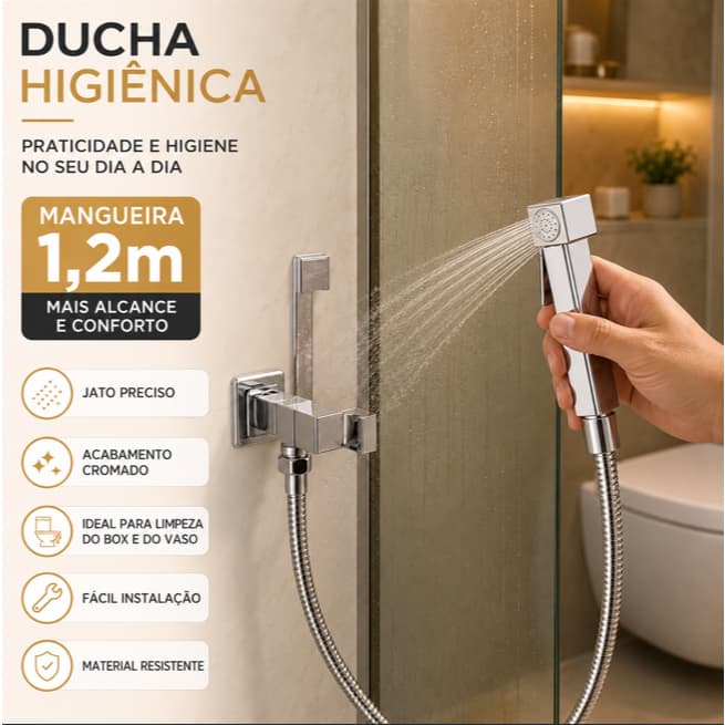 Ducha Higiênica Completa Cromada com Registro, Gatilho, Suporte e Mangueira 1,2m para Banheiro e Limpeza de Vaso e Box
