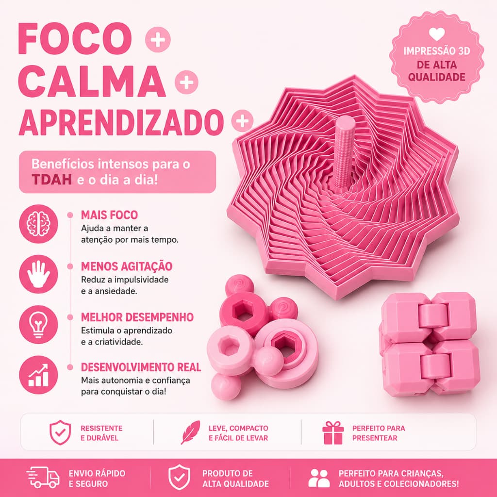 🌀 Kit Sensorial 3D – 3 Peças Articuláveis – Fidget Toy Premium para TDAH, Ansiedade e Autismo