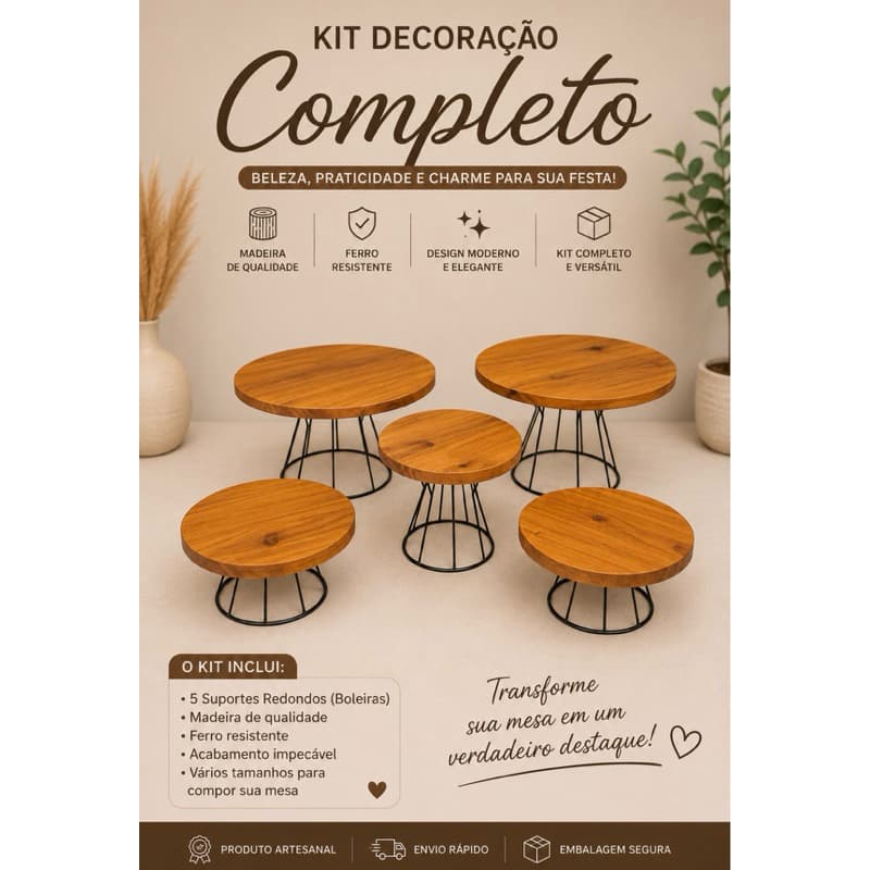 Kit 5 Boleiras Redonda  de Madeira com Pé de Ferro – Base Decorativa para Festas e Confeitaria ✨