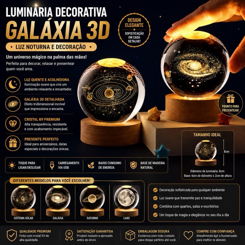 Luminária Decorativa Globo LED Lua Galáxia Sistema Solar Astronauta Bola De Cristal