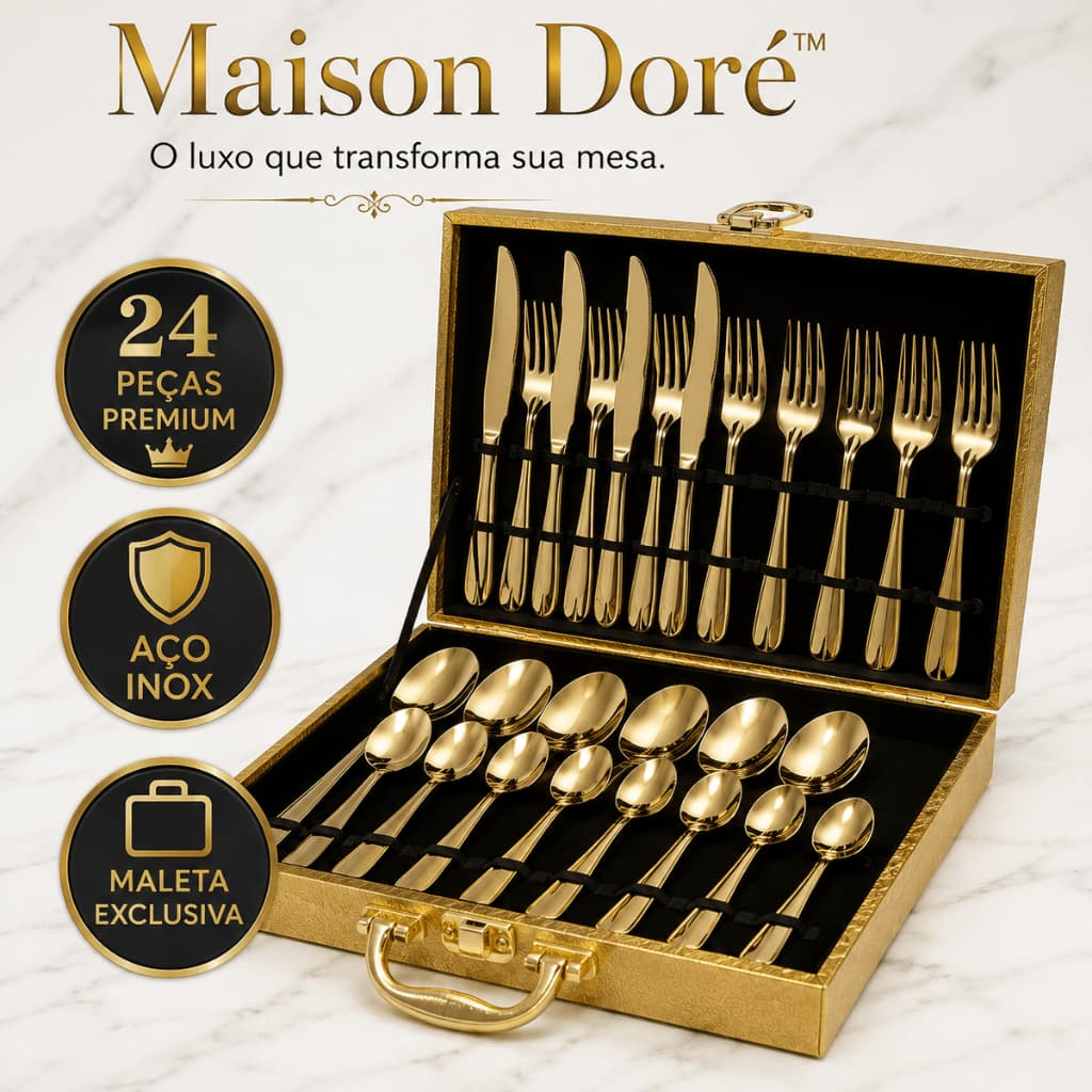 Kit Talheres Aço Inox 24 Peças Premium com Maleta Dourada Jogo de Facas Garfos Colheres Luxo