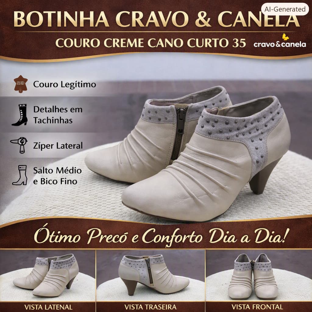 Botinha Cravo & Canela Feminina Couro Legítimo Creme Cano Curto Tamanho 35 Bico Fino Salto Médio – Bom Estado