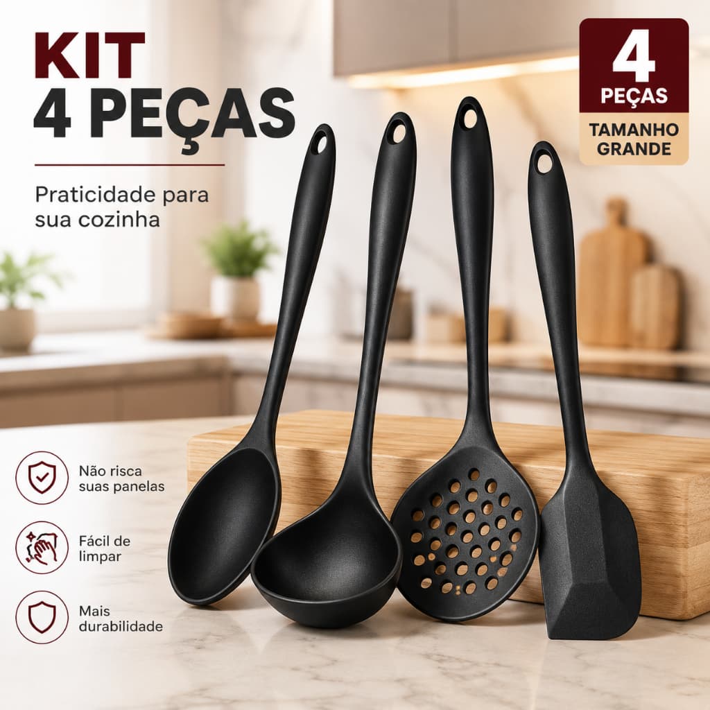 Kit 4 Utensilios de Cozinha100% SIlicone Cozinha Pratico Completo Colher Concha Espatula Raspadora