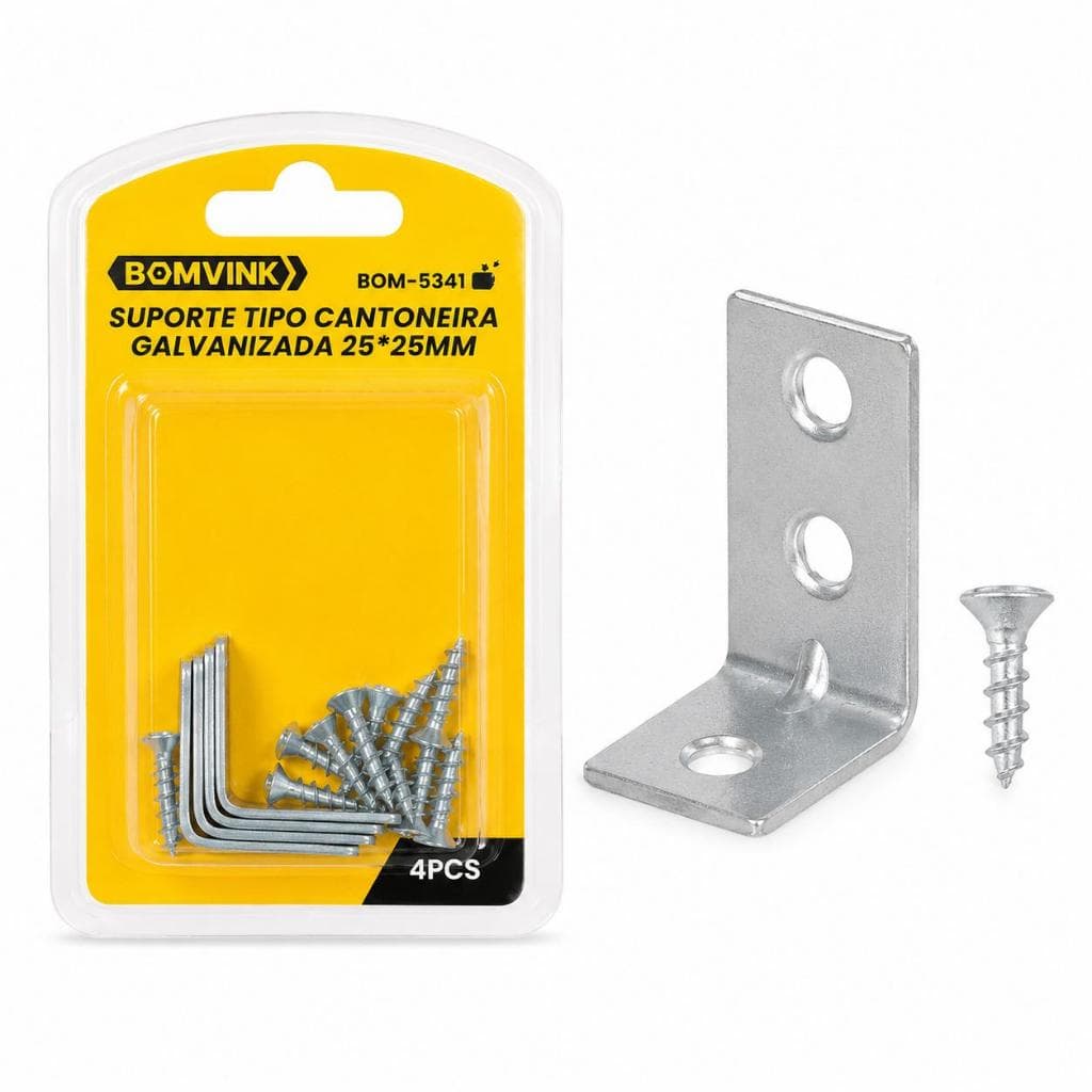 Suporte Cantoneira Galvanizada 25x25mm Bomvink com 4 Peças e Parafusos para Prateleiras Móveis e Fixações