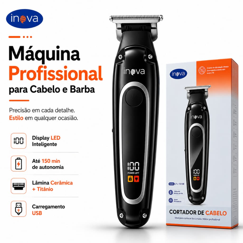 Máquina de Acabamento Profissional Cabelo e Barba Inova Display LED Sem Fio Lâmina Cerâmica e Titânio 150 Min USB