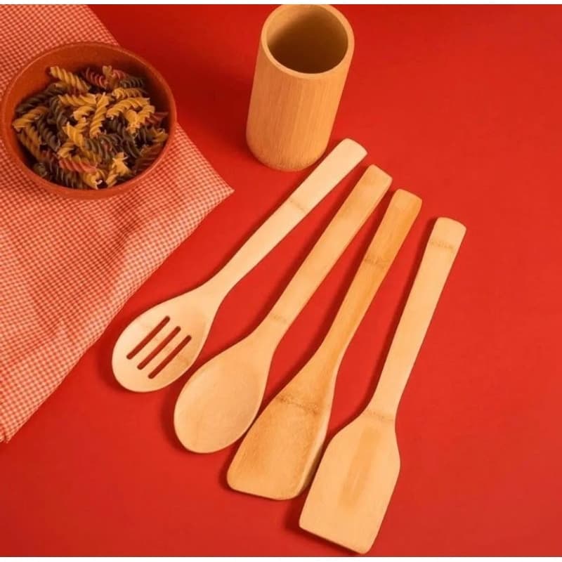 Kit Colher de Pau Bambu 4| Utensílios Cozinha  Colher Espátula Resistente Anti Fungos