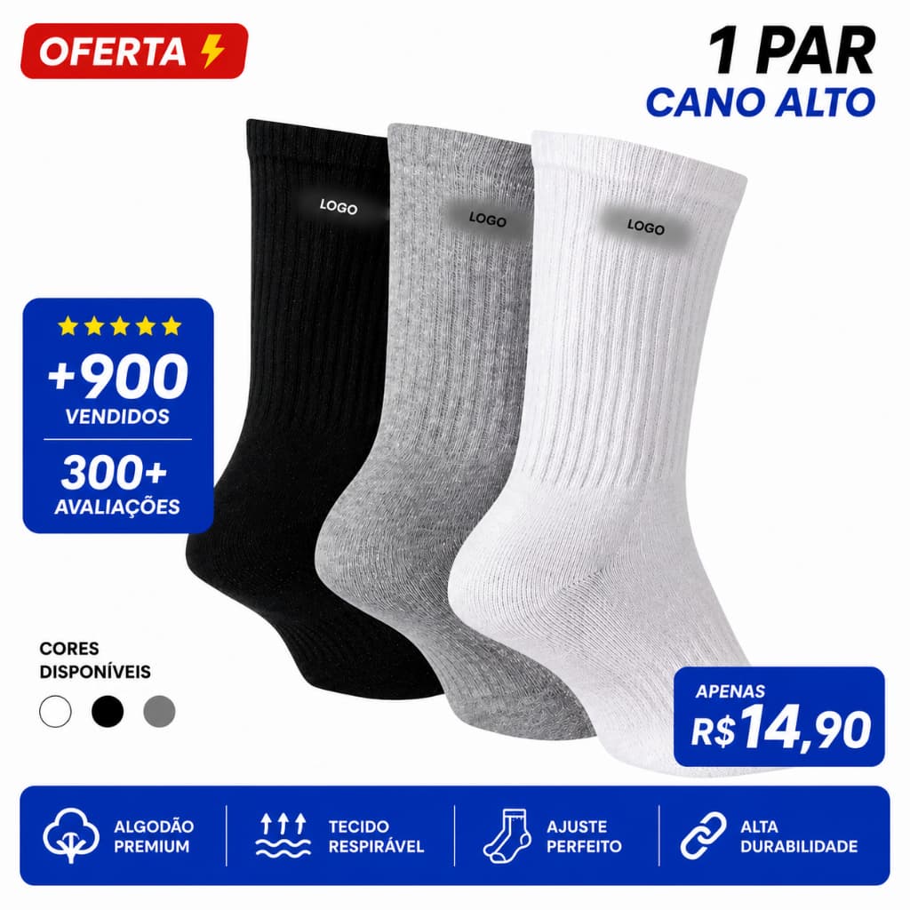 Meia Esportiva Cano Alto I 1PAR I OFERTA I 100% Algodão I Academia Trabalho Treinos I Masculina&Feminina I +1000VENDIDOS