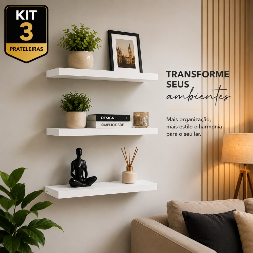 Kit 3 Prateleiras MDF 30cm Nichos Flutuantes para Sala, Cozinha Quarto e Banheiro Branco/Preto com Kit de Instalação