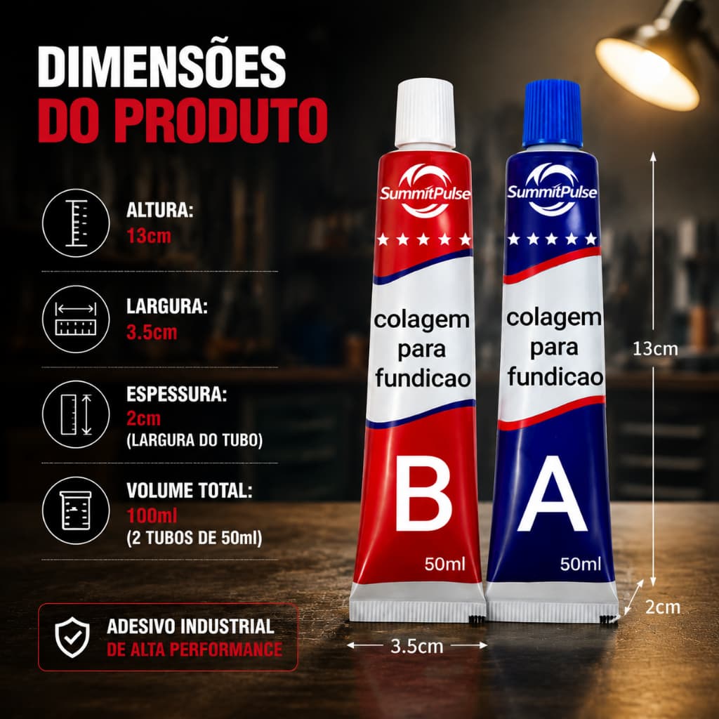 Cola Solda a Frio Epóxi AB, Adesivo Industrial para Reparo de Metais Ferro Aço Alumínio, Alta Resistência, Kit 100ml