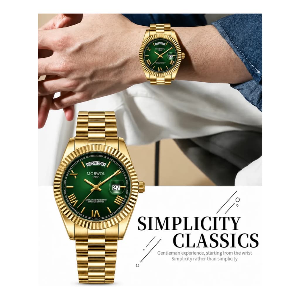 Relógio Vintage Edição Limitada Estiloso, Pulseira de Aço Dourado, Calendário Dia + Data, Quartzo à Prova d'Água 3ATM