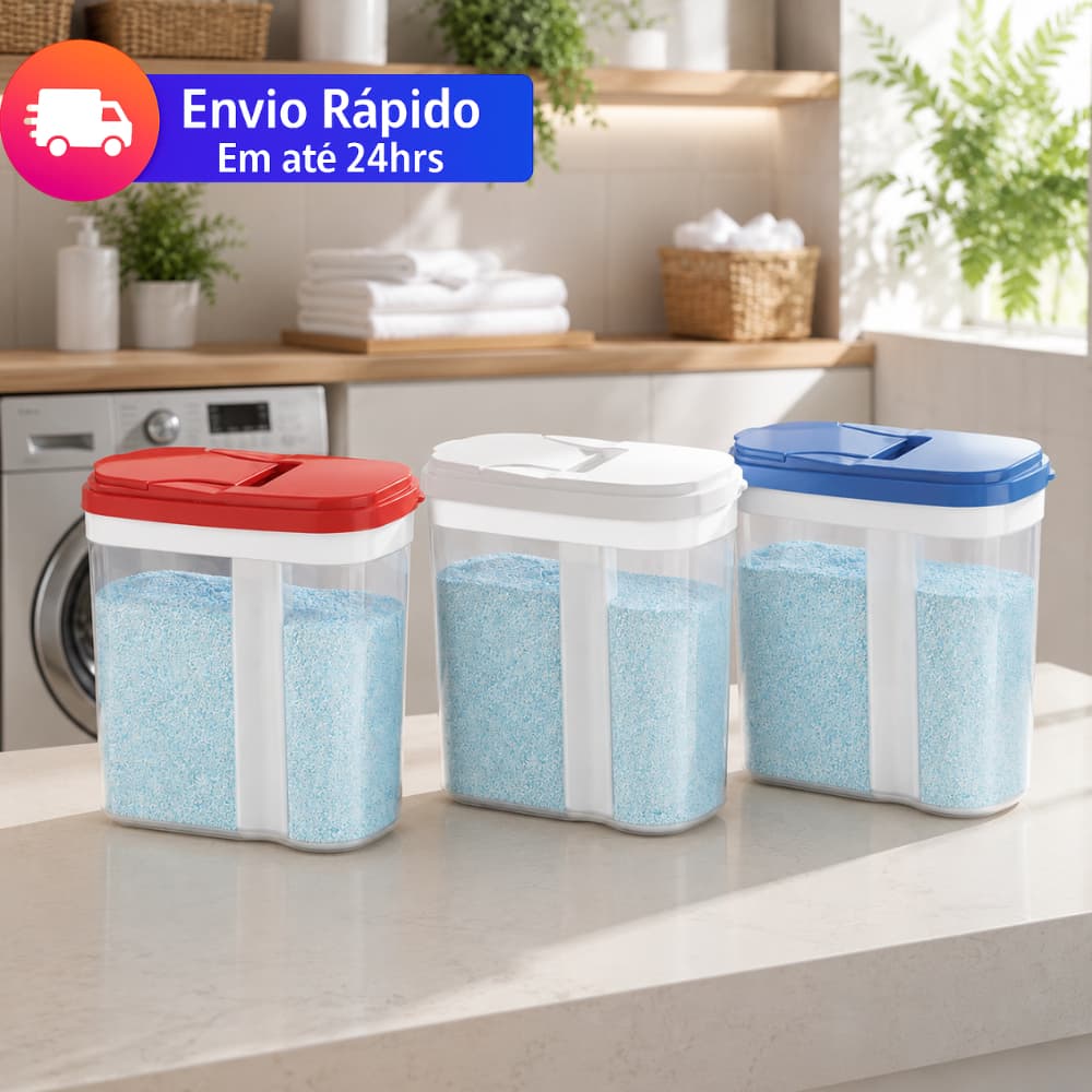Kit 3 Porta Sabão Com Tampa Plástico Resistente Organização Lavanderia (Cores Sortidas)