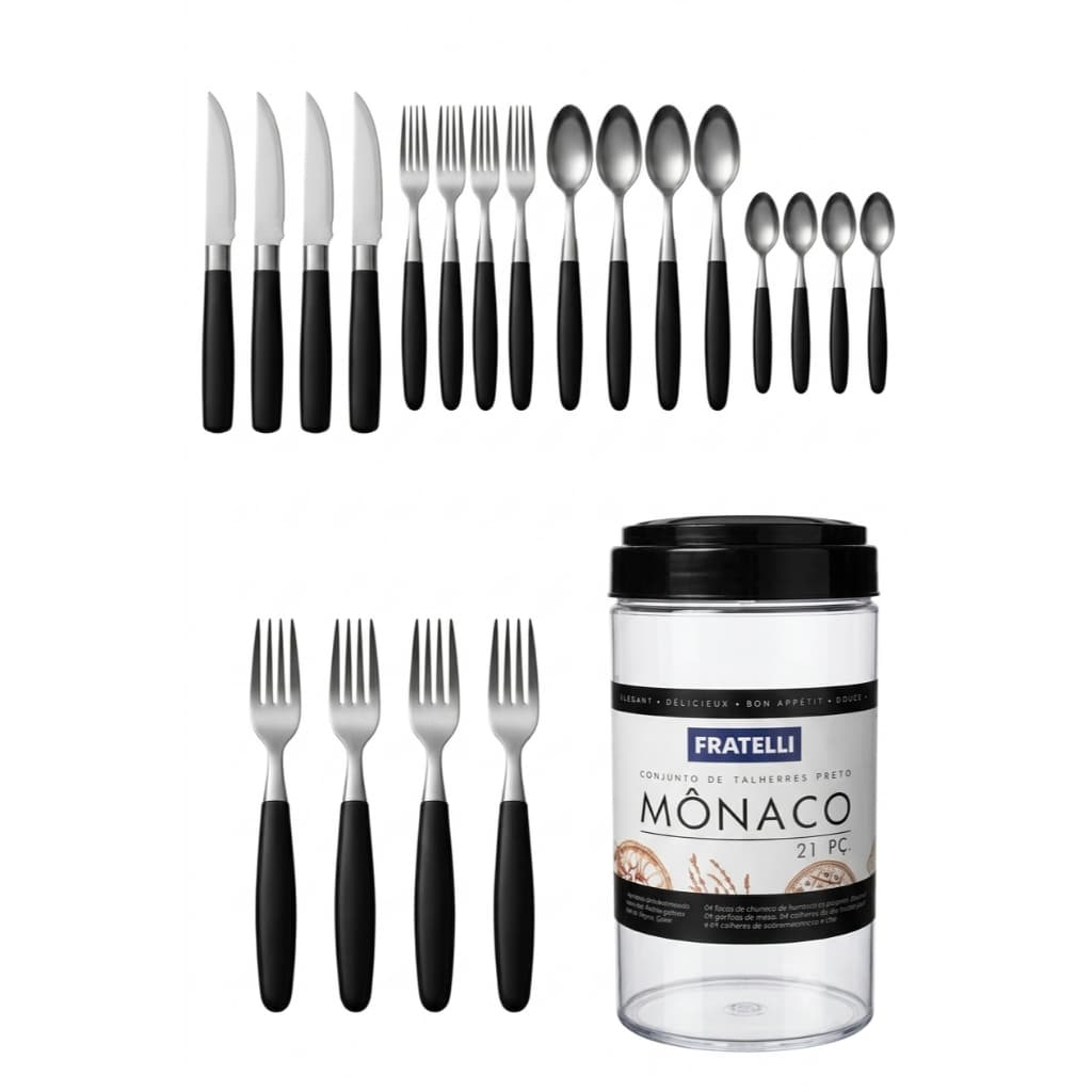 Conjunto de Talheres 21 Peças Preto Faqueiro Inox Completo Garfo Faca Colher Fratelli Mônac