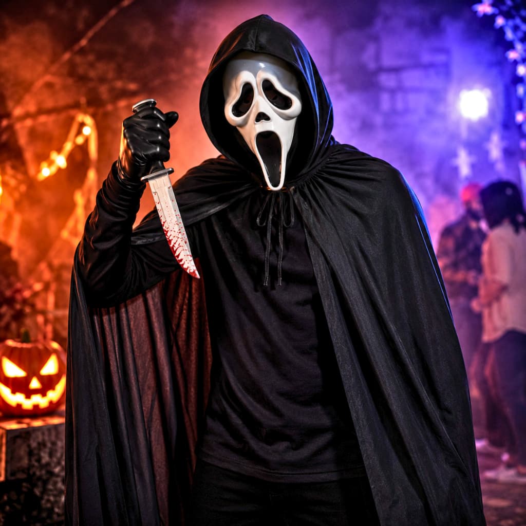 Fantasia Capa Preta Com Capuz Cetim Adulto Tamanho Unico P M G e GG Panico Halloween Terror Festa Capa E Mascara
