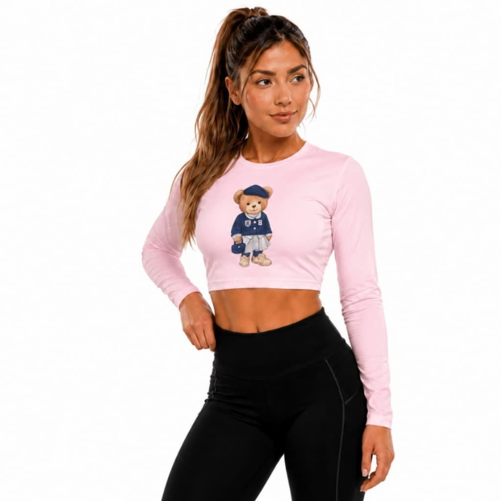 Cropped Feminino Manga Longa com Estampa de Ursinho