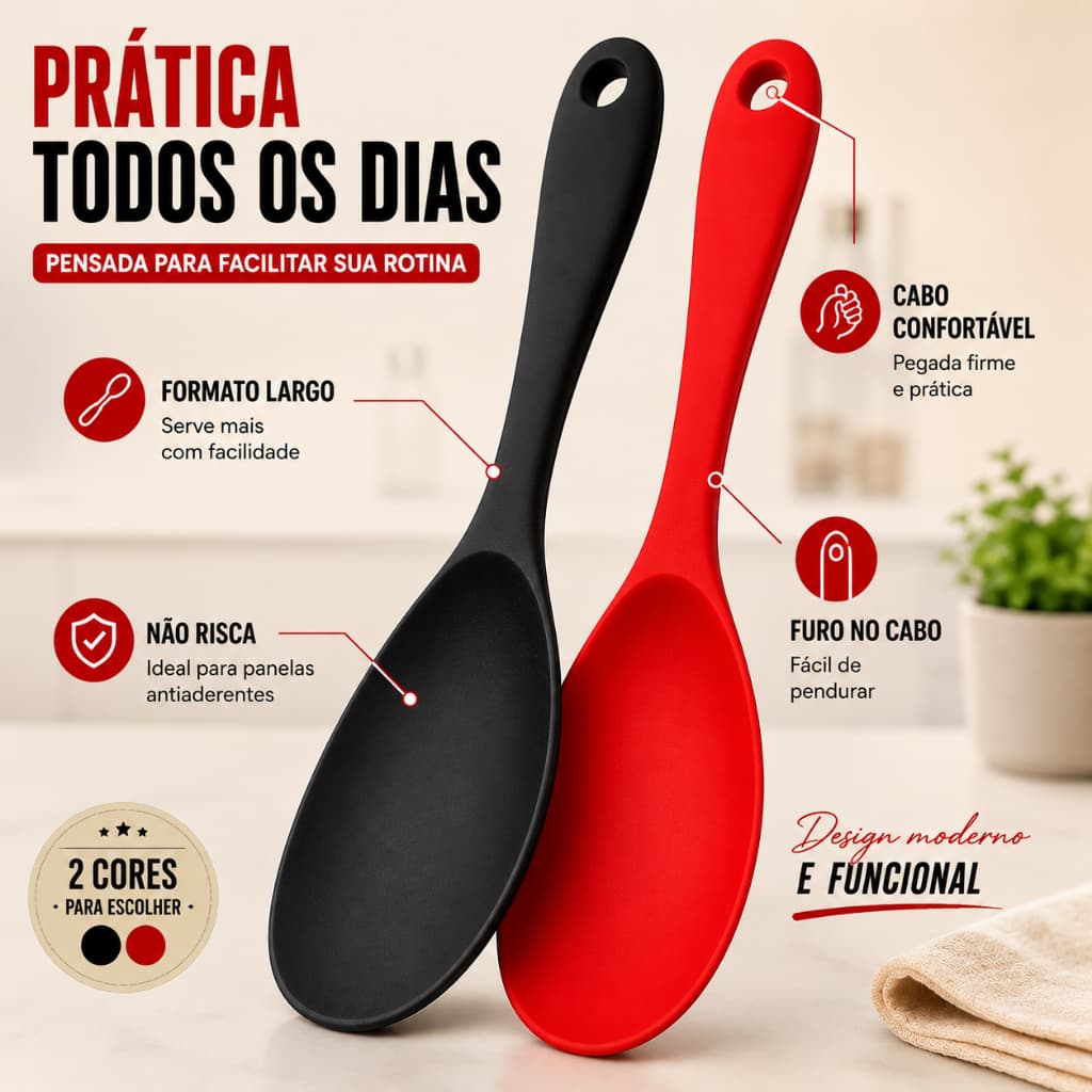 Colher de Silicone para Arroz Servir Utensilios Cozinha e Talheres Vermelho Preto Colorido Multiuso
