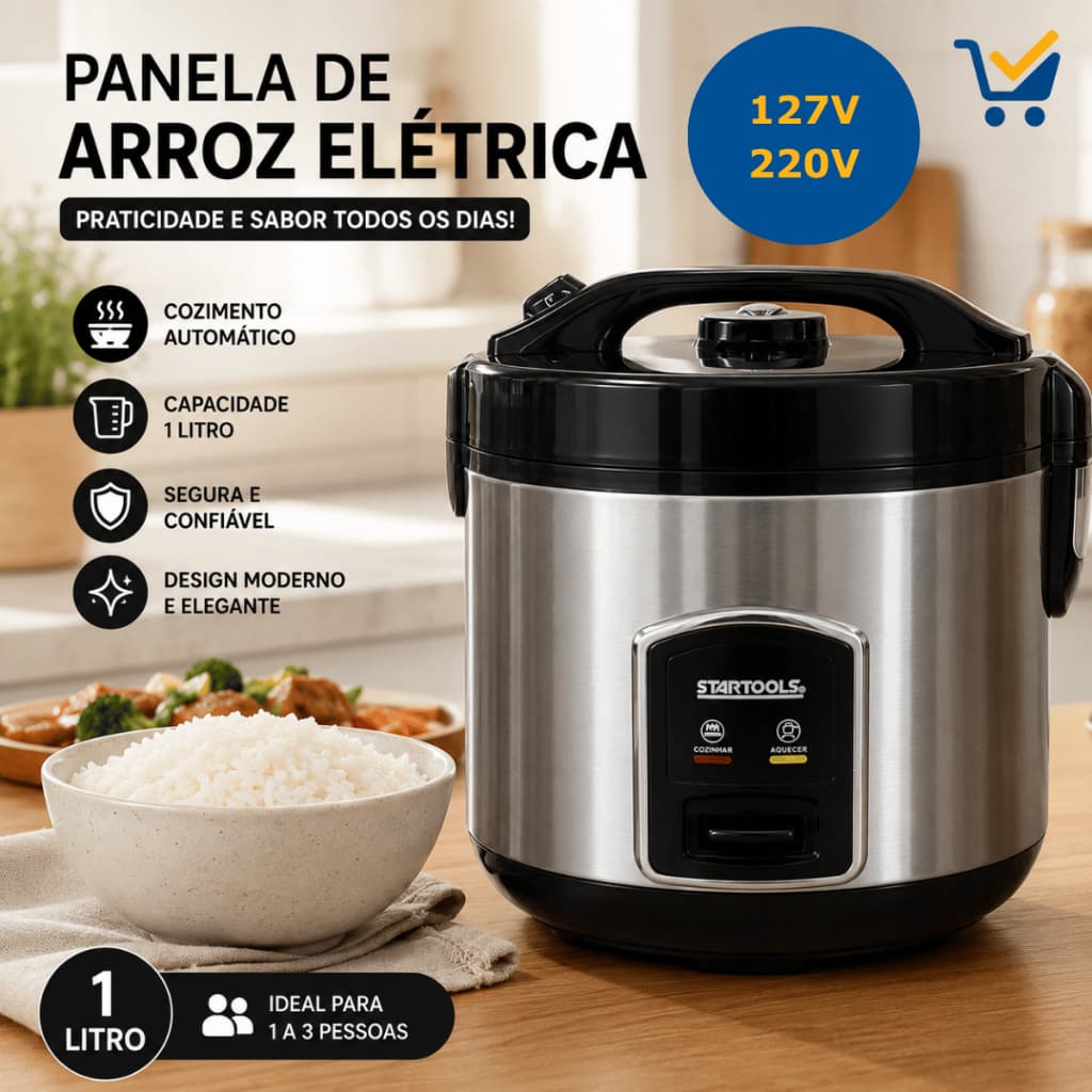 Panela Arroz Elétrica Inox Portátil Capacidade 1 Litro Cozinha Restaurante Casa Compacta 127/220v