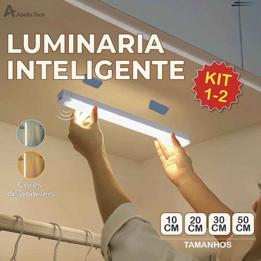 Smart Luminária Inteligente Ultra LED com sensor de movimento sem fio e Recarregável USB fino barra 50cm