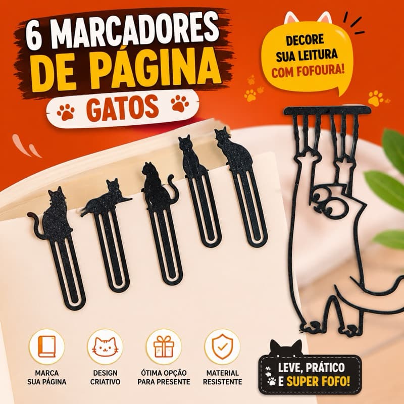 Kit 6 Marcadores de Página Gatos Criativos | Marca Página Fofo Para Livros Leitura Presente