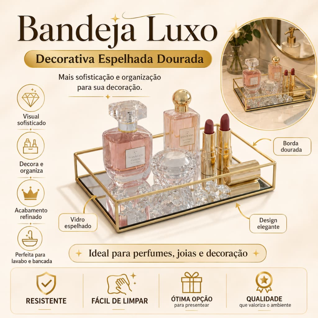 Bandeja Espelhada Luxo Dourada 20cm | Bandeja Decorativa para Perfumes, Joias e Cosméticos | Pronta Entrega