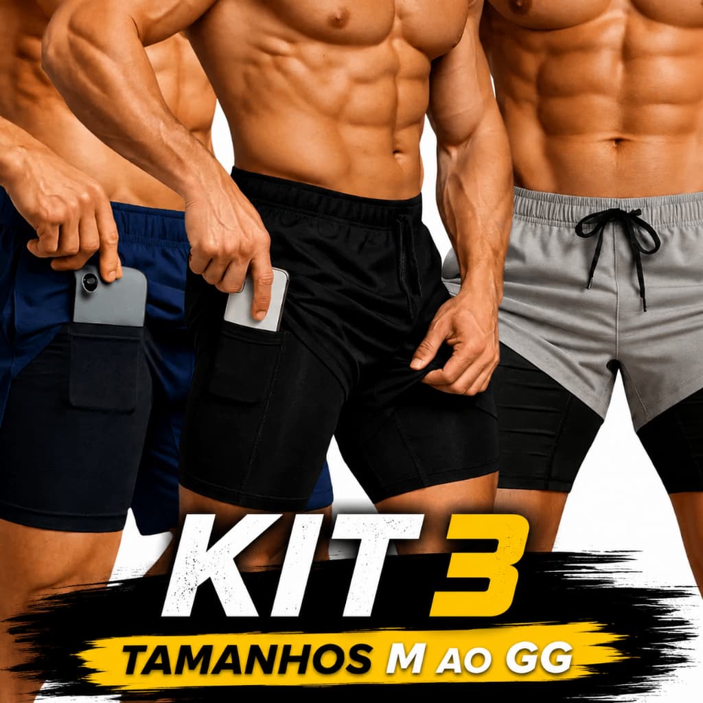 Kit 3 Shorts DryFit 2 Em 1 Masculino C/Bolso Interno P/Celular Treino Corrida Sport