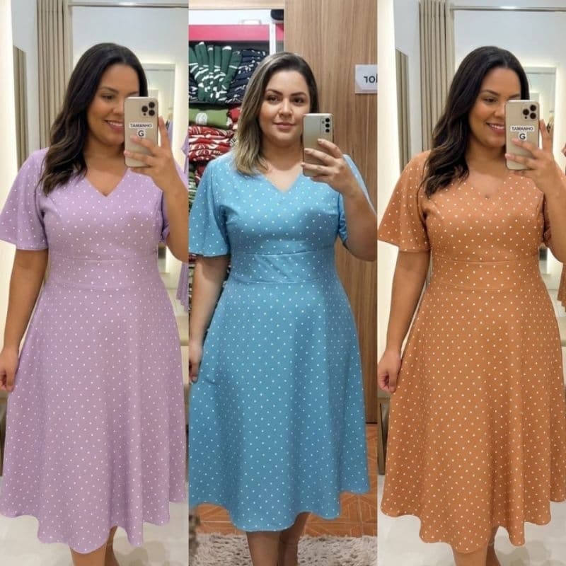 Vestido Femenina Midi de Poá Bolinhas Gola V Forrado para Festa Casual Congresos Moda Verão Outono Estilo Elegante