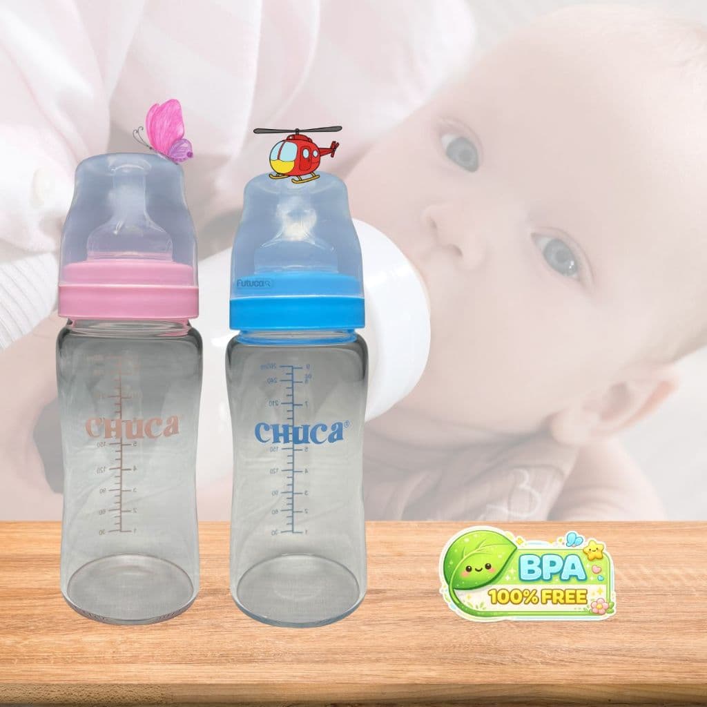 Mamadeira de Vidro 260ml Chuca Baby Antivazamento BPA Free - Rosa e Azul