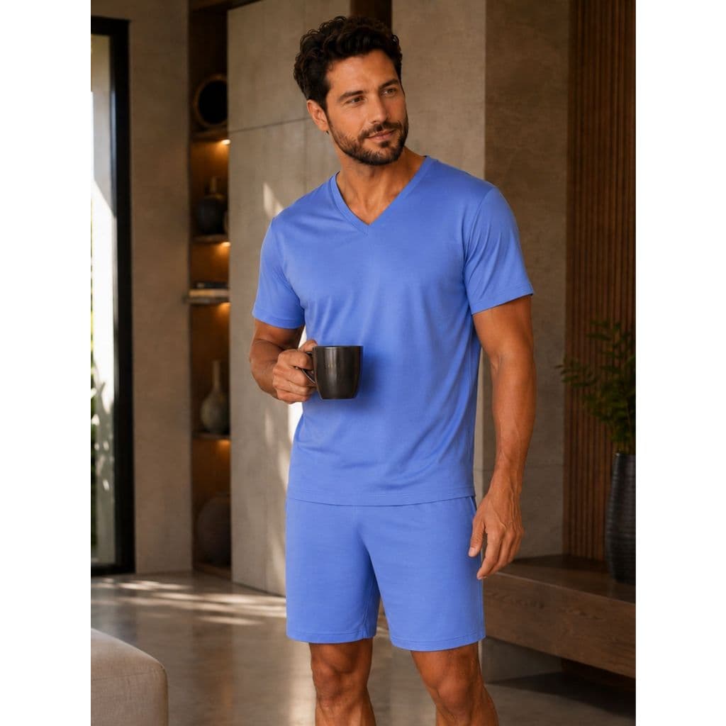 Pijama Masculino Verão Gola V Camisa Manga Curta Short Adulto Davi