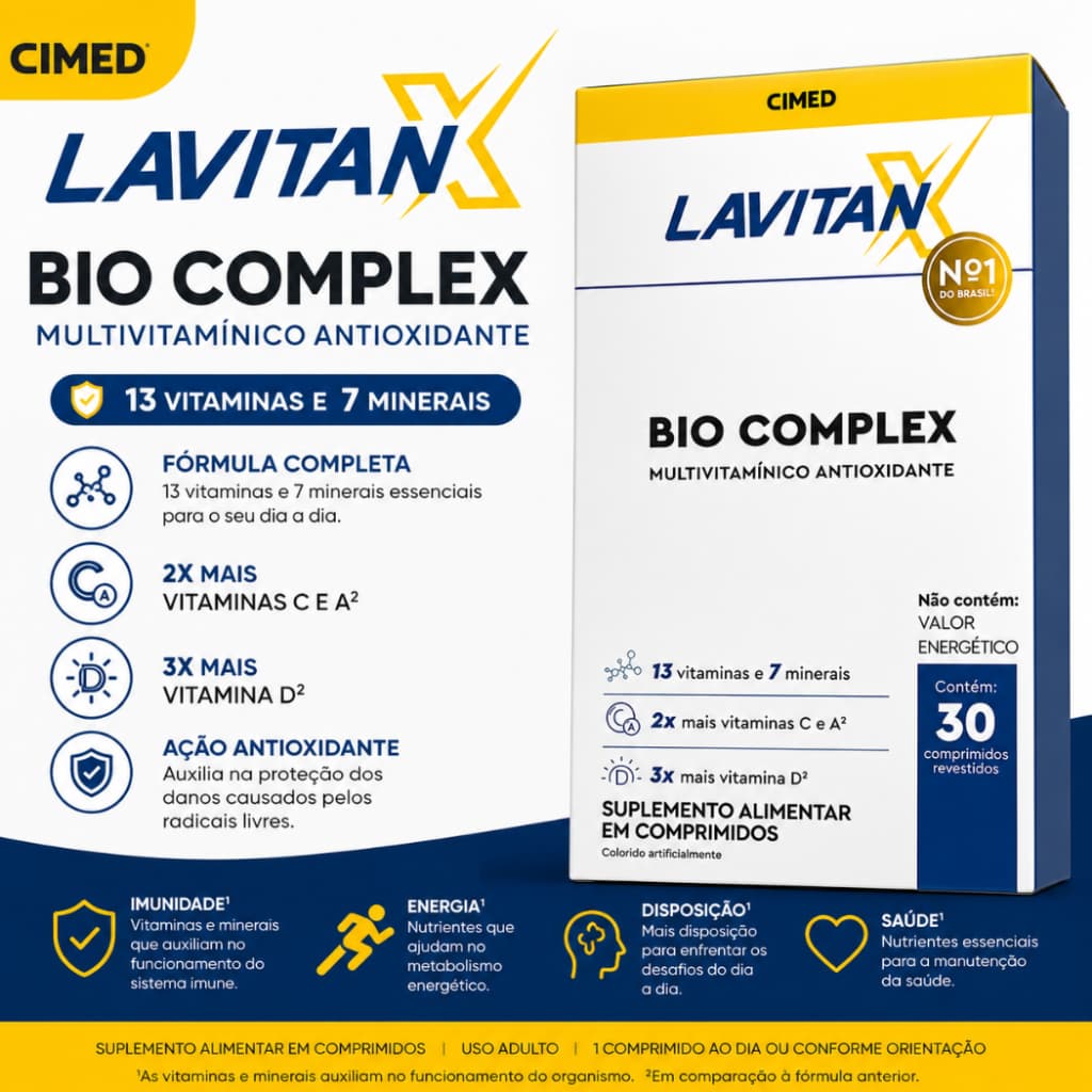 Lavitan Bio Complex Cimed Multivitamínico Antioxidante 30 Comprimidos | 13 Vitaminas e 7 Minerais
