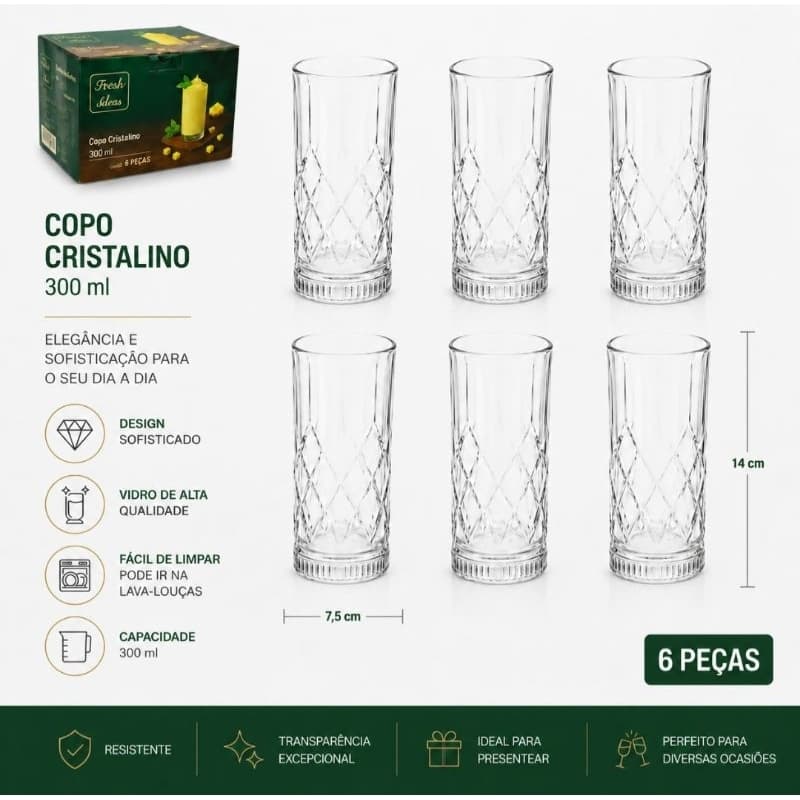 Jogo de Copos Cristalinos Diamond 300 ml – 6 Peças