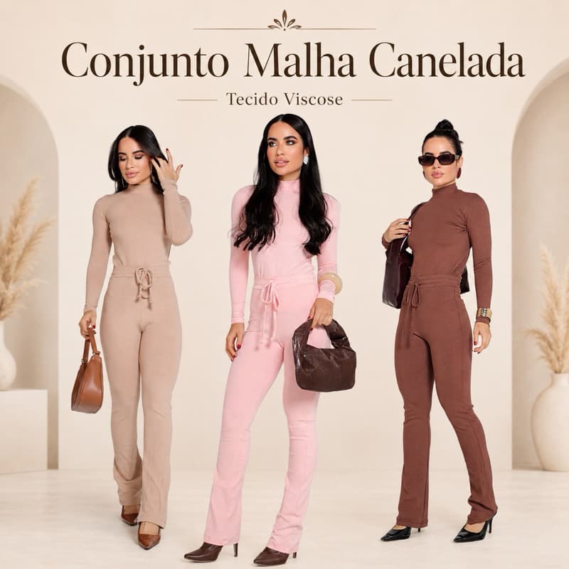 Conjunto Calça flare blusa gola alta manga longa tecido canelado viscose cintura alta