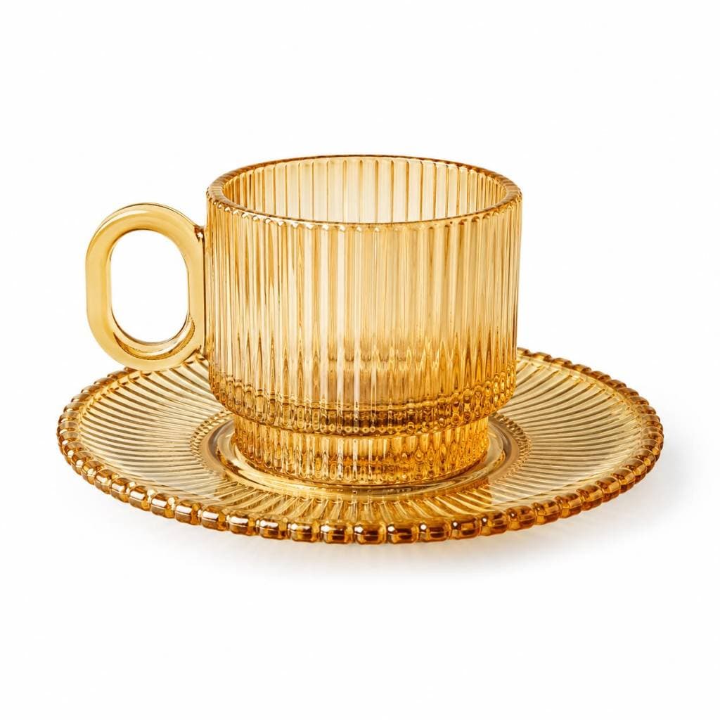 Jogo 12 Peças 6 Xícaras e 6 Pires de Vidro 150ml Raiado Dourado - Conjunto Luxo Café Chá e Presente