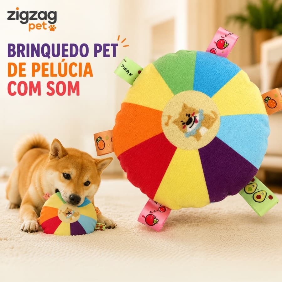 Brinquedo Pet de Pelúcia com Som para Cães Disco Redondo 15cm com Abas Coloridas