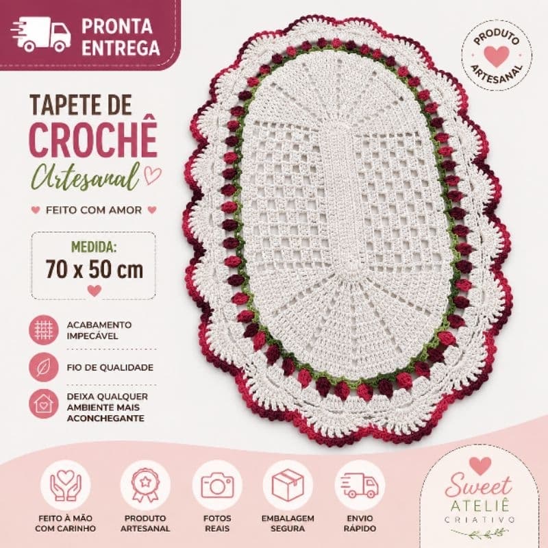 Tapete de Crochê Tulipas Artesanal 70x50 cm Floral Pronta Entrega tapete sala decoração sala