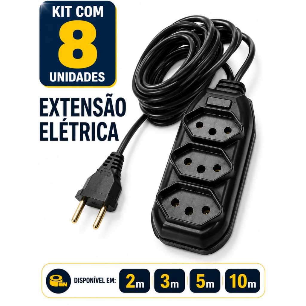 Kit 8 Extensões Elétricas 3 Tomadas 10A Bivolt 2m 3m 5m 10m
