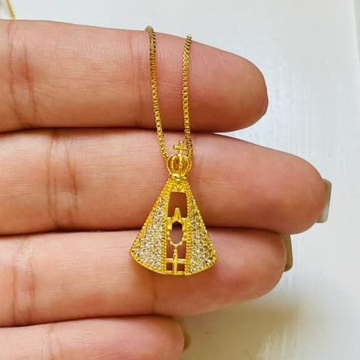 Colar Nossa Senhora Aparecida Feminino Banhado a Prata 925 Folheado a Ouro 50cm Pingente Religioso