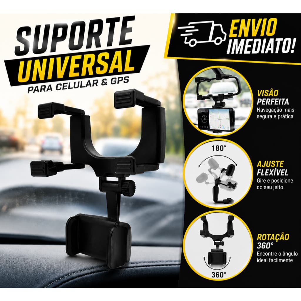 Suporte Para Celular Retrovisor Veicular Com Rotação 360°