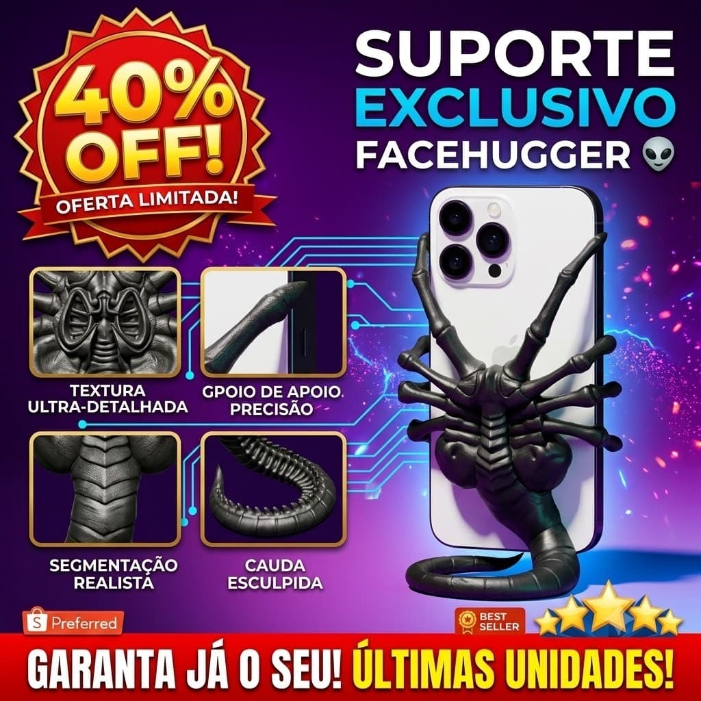 Suporte Celular Facehugger Alien Collectible 3D Preto Mesa Decoracao Geek Gamer Nerd Presente Criativo Criatura