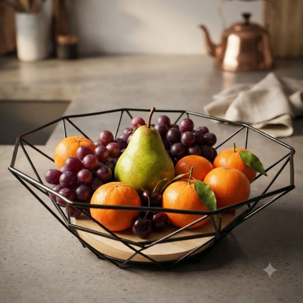 Fruteira de Mesa Diamond Aço Base Madeira Ecowood Preta Cesto Organizador Frutas Pães Legumes Design Geométrico Moderno