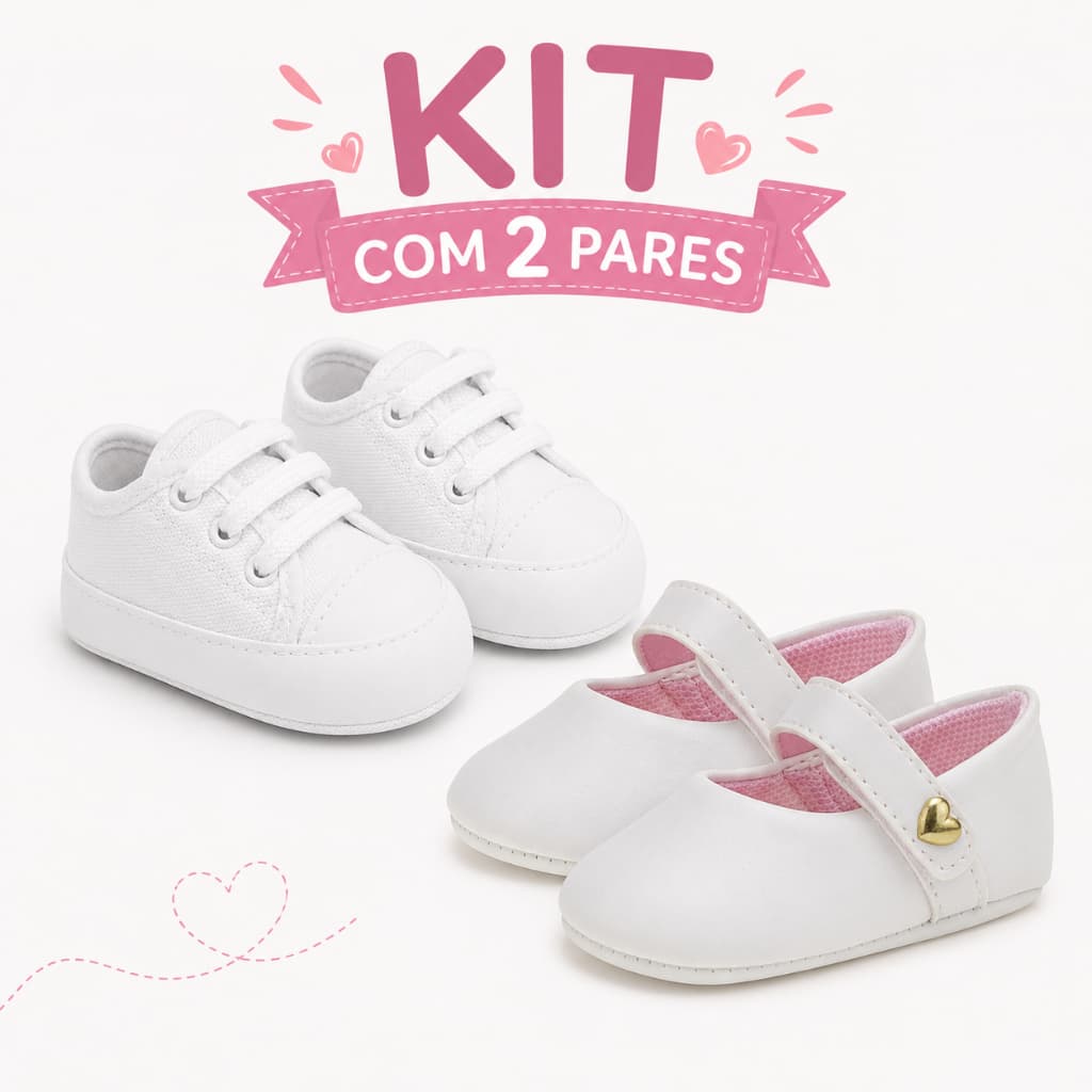 Kit 2 Pares Bebê Tênis Branco + Sapatilha Branca Infantil Batizado Menina Nº 13 ao 18