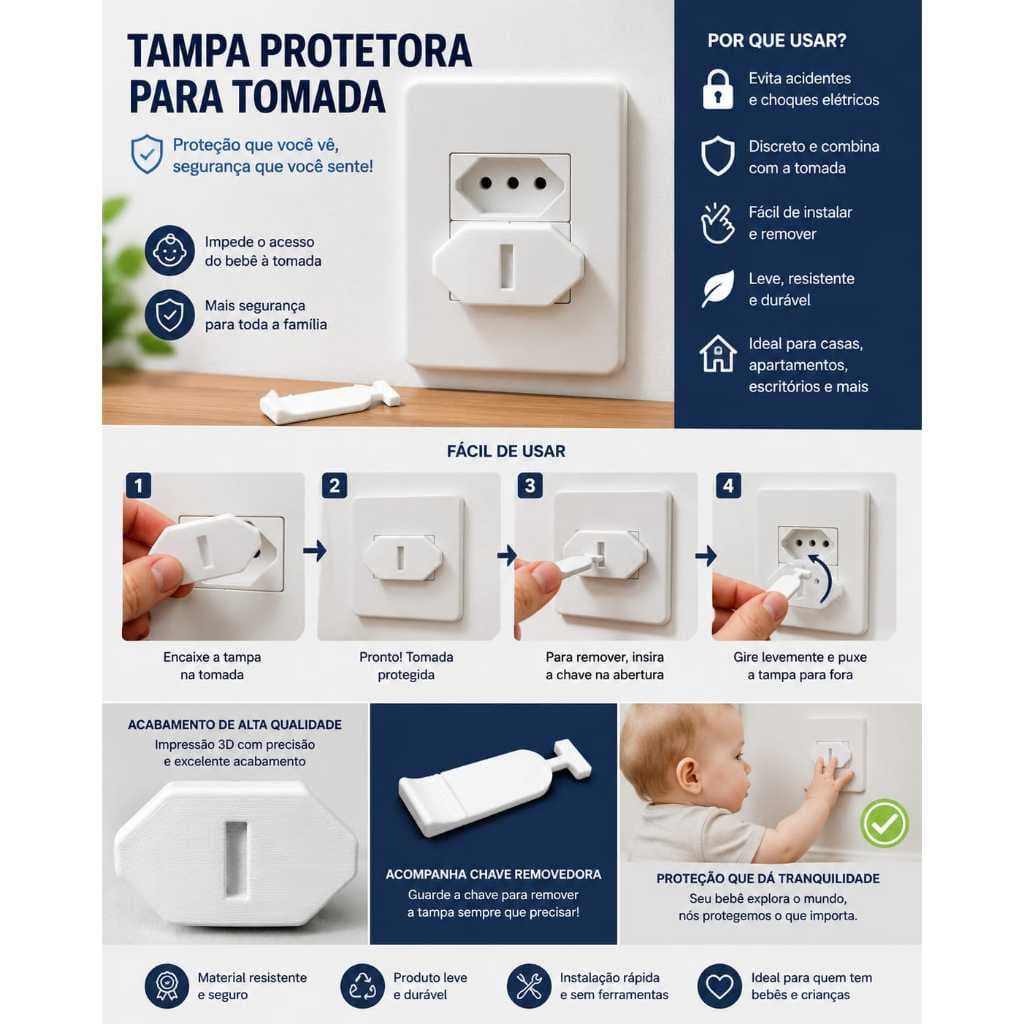 Kit Protetor de Tomada Antichoque Com Chave Removedora Segurança Infantil (10 Unidades - Branco)