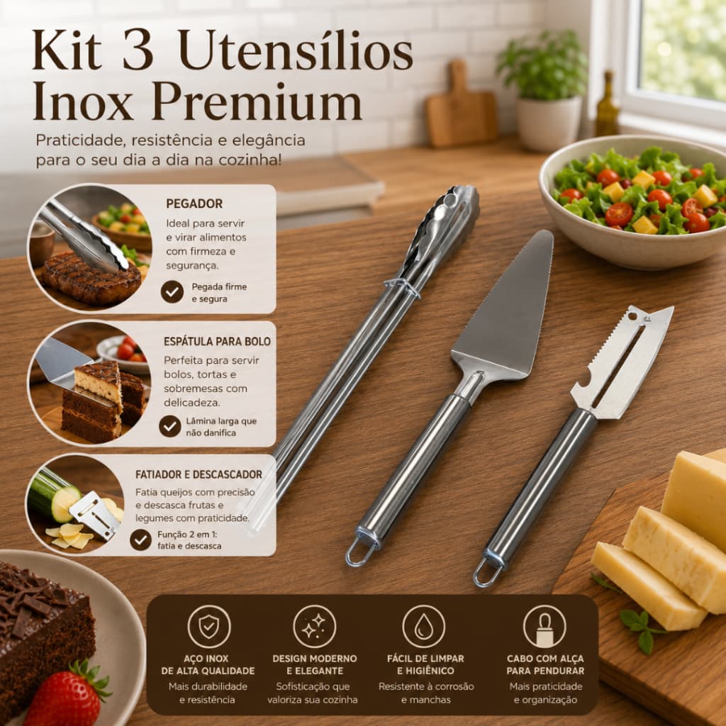 KIT COZINHA INOX 3 PEÇAS | DESCASCADOR E FATIADOR/ESPÁTULA/PEGADOR