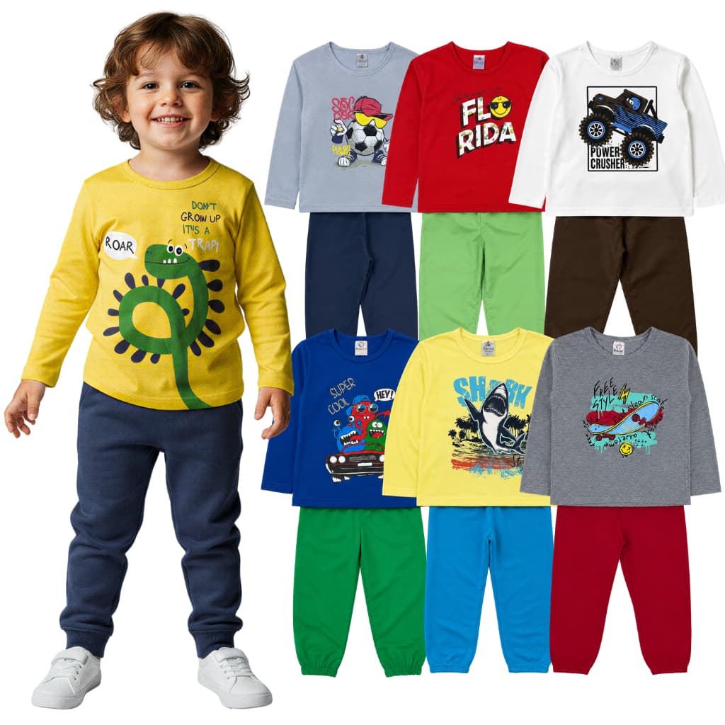 Kit 6 ou 4 Peças Menino Infantil Blusa Manga Longa e Calça Meia Estação Roupa Frio 3 ou 2 Conjuntos