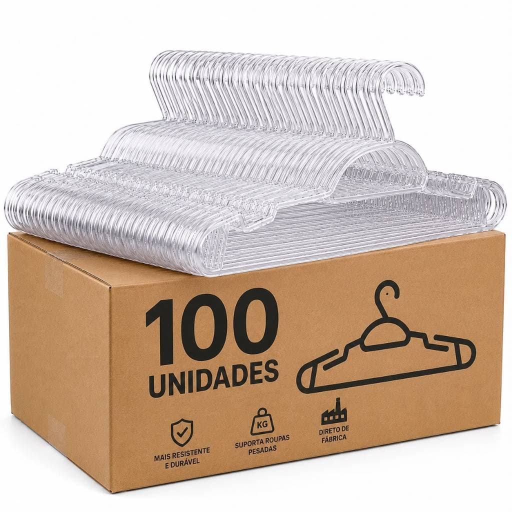 Kit 100 Cabides Acrílico Cristal Transparente Reforçado 8mm Adulto Resistente Organizador de Roupas