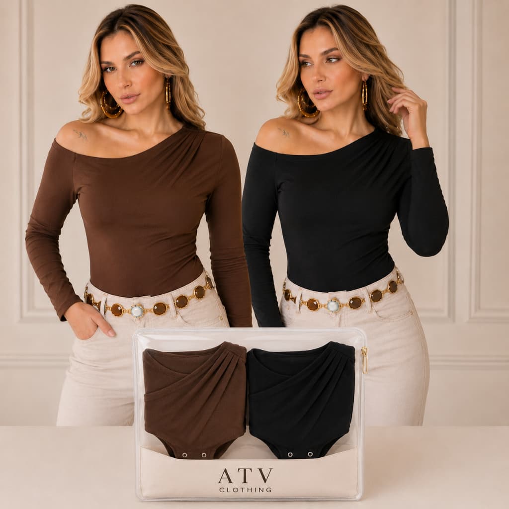 Kit 2 Body Feminino Manga Longa Decote no Ombro Body Feminino Manga Longa Inverno Blusa Feminina Drapeado
