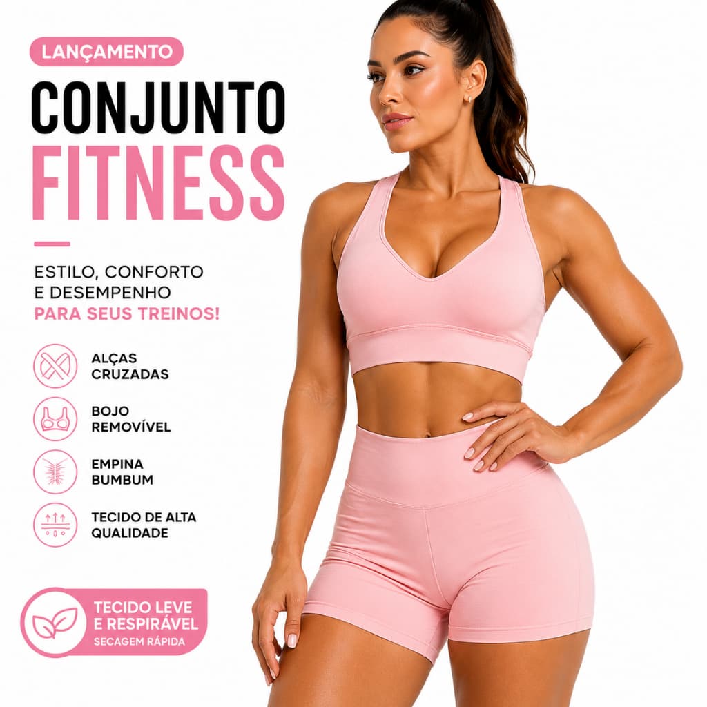 Conjunto Fitness Feminino Premium Top com Bojo Removível + Short Empina Bumbum Poliamida M Ao GG