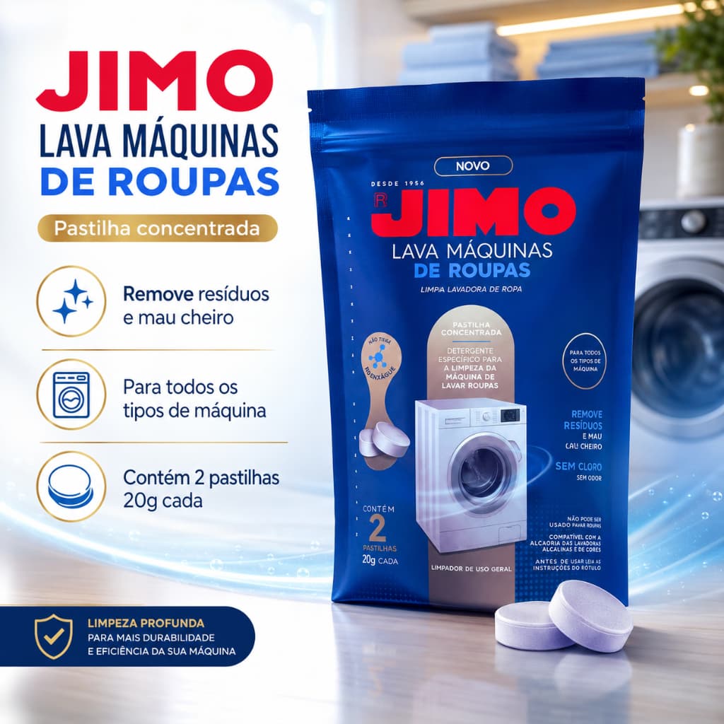 Pastilha Limpa Máquina de Lavar Roupa Jimo 20g Tira Odor Mofo Bactérias Tanquinho Lava e Seca Frontal Higienizador Limpe